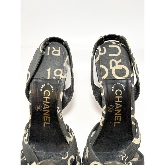 Chanel Slingback Heels Logo Printed Canvas Black & White Cross Sandals Sz 36 6 - Picture 7 of 11